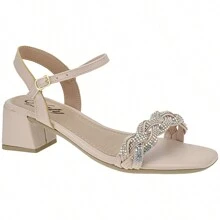 Sandals 41,42,43 Medium Thick Heel Everyday Rhinestone Square Toe Casual Shiny - 淺粉色 - 查看 1