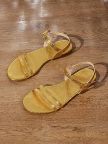 Giày sandal đế bằng hở mũi in họa tiết da rắn cỡ lớn cho nữ có quai ở mắt cá chân - Vàng - Xem 5