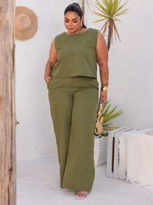 Women's Plus Size Tailored Set Blouse And Wide Leg Pants G1 G2 G3 - 墨綠色 - 查看 6