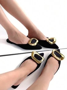 Giày đế bằng vải Lycra màu đen thời trang thu đông 2025 dành cho nữ có khóa kim loại màu vàng trang trí để mặc hàng ngày - màu đen - Xem 6