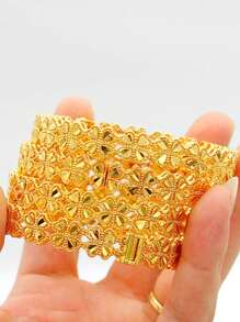 1pc Stacked 24K Gold Plated Heart & Four Leaf Clover Openable Bracelet, Popular Dubai & Europe Style, For Summer Wedding Season