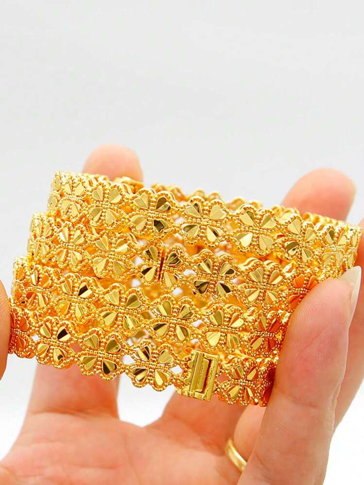 1pc Stacked 24K Gold Plated Heart & Four Leaf Clover Openable Bracelet, Popular Dubai & Europe Style, For Summer Wedding Season - Golden 19 - View 7