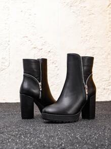 女士切尔西靴，欧美风格，圆头，防水，厚底，高跟，时尚冬季短靴，粗跟，侧拉链，优雅黑色圆头高跟靴，适合派对、假日、宴会、婚礼等场合，饰有水钻、缎带和蝴蝶结，百搭黑色短靴，女士厚底高跟靴 - 黑色 - 查看 3