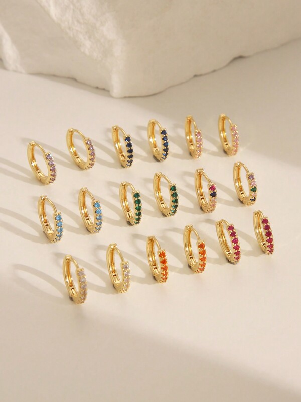 1 Pair Fashion Copper Orange Rhinestone Plated True Gold Circle Hoop Earrings, With Various Colored Zirconia Decoration Options Such As Purple, Red, Orange, Navy Blue, Pink, Green, Multicolor, Light Blue, White, Suitable For Unisex Daily Wear And Gifts