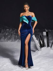 VIPGIRL Elegant Contrast Color Off-Shoulder High Slit Long Dress, Luxurious Velvet Fabric, Elegant Party, Ball Gown, Women's Formal Evening Dress - Navy Blue - View 2