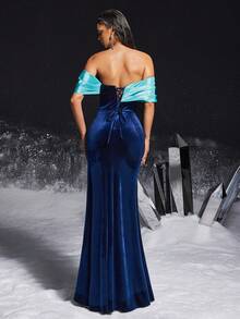 VIPGIRL Elegant Contrast Color Off-Shoulder High Slit Long Dress, Luxurious Velvet Fabric, Elegant Party, Ball Gown, Women's Formal Evening Dress - Navy Blue - View 3