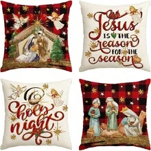 4 chiếc trang trí Giáng sinh Giáng sinh Đêm thánh Chúa Jesus Hồng y Buffalo Vỏ gối kẻ caro, Vỏ gối trang trí ngày lễ mùa đông câu nói Giáng sinh cho ghế sofa - Nhiều màu - Xem 7