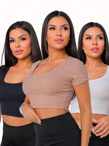 Kit 3 Cropped Ribana Short Sleeve U Bust - Màu be trắng đen - Xem 1