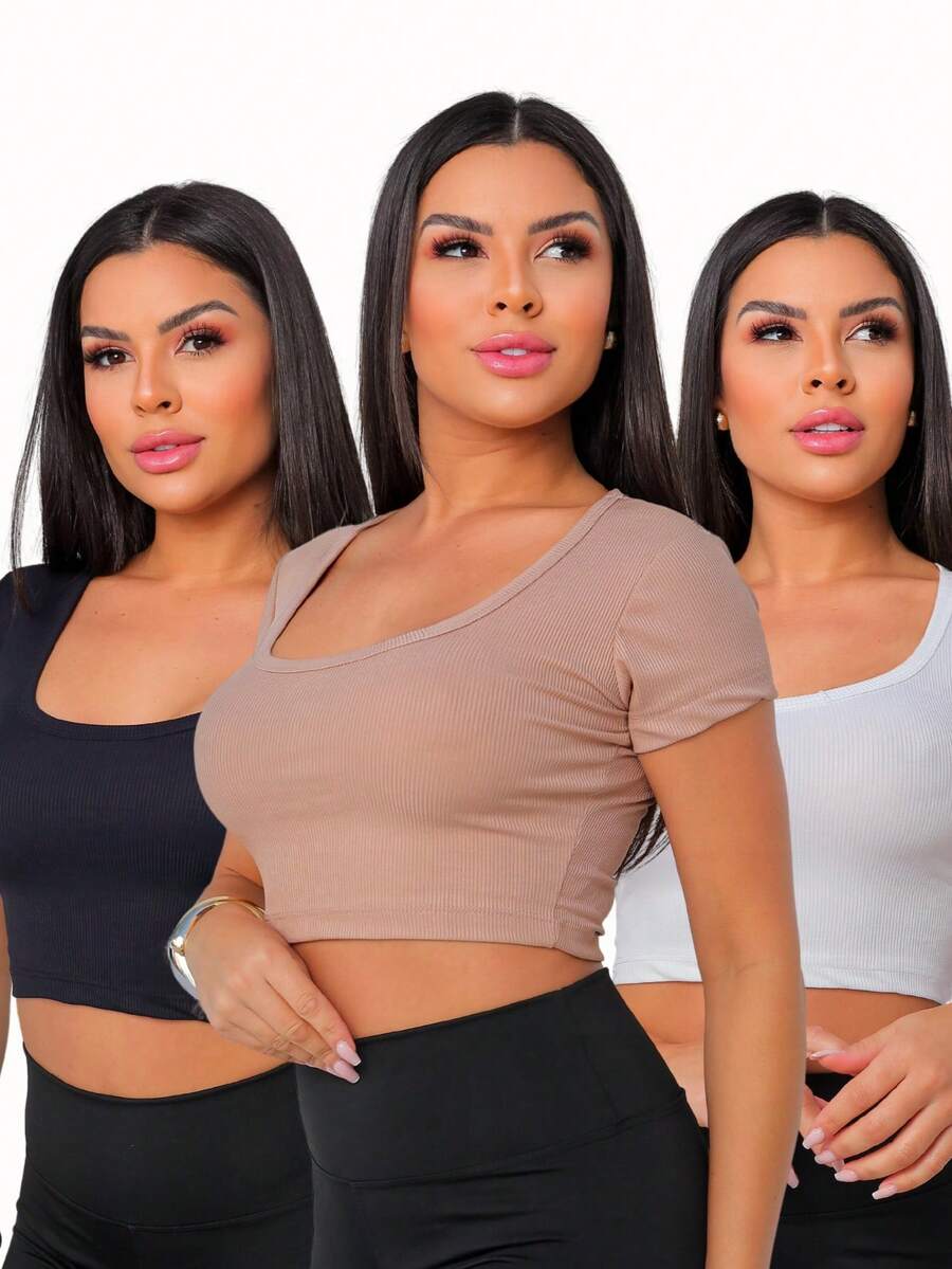 Kit 3 Cropped Ribana Short Sleeve U Bust - Màu be trắng đen - Xem 1