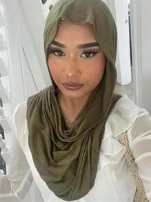 1pc Soft Solid Color Headscarf, Jersey Hijab, Turban Wrap - Army Green - View 3