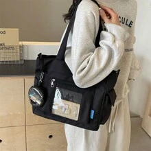 透明口袋设计，大容量手提包带零钱包，新款韩版学院风多口袋背包，多功能休闲斜挎包，中容量帆布包，透明PVC口袋缓解疼痛包中学，街头风格和日本淑女包，时尚拉链手提包，适合女性或学生的文艺书包和书包，非常适合书籍、购物、返校等，学校、大学必备的手提包 - 黑色 - 查看 1