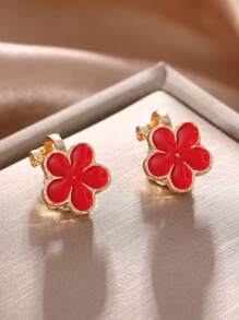 Fashionable New Alloy 5-Petal Oily Flower Petals Clip On Earrings, Lovely Flower Clip-On Earrings For Pierced Ears