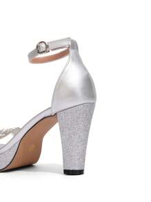 Women's Silver High Heel Platform Sandals, Fashionable Glitter Strap Chunky Heel Thick Sole Sandals, Charming Party Shoes - Silver - View 6