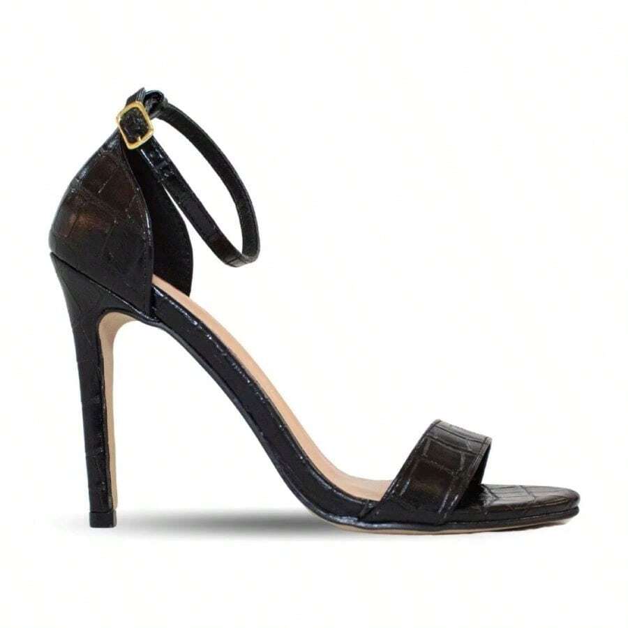Maya Crocodile Thin Heel Sandal - Black - View 1