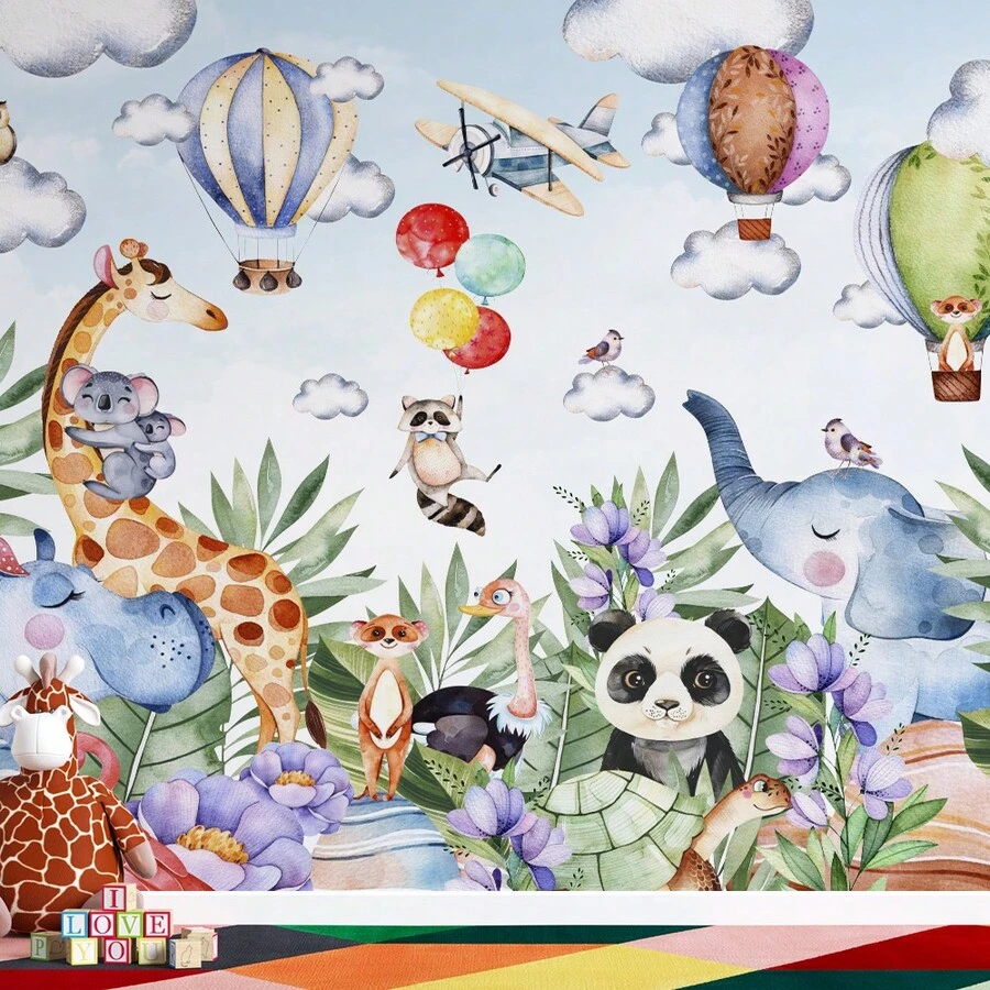 Children's Wallpaper Animals And Balloons AL 02 - 彩色 - 查看 1
