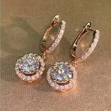 1 对时尚方晶锆石耳坠女士适合婚礼订婚周年派对珠宝情人节礼物 - 玫瑰金 - 查看 1