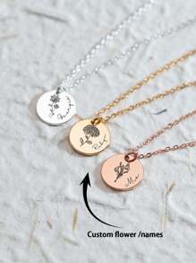 定制诞生花项链，刻有名字的项链，不锈钢圆形吊坠精致花卉项链，手工珠宝，个性化礼品，圣诞礼品感恩节礼品情人节礼品生日礼物 - 銀色 - 查看 1