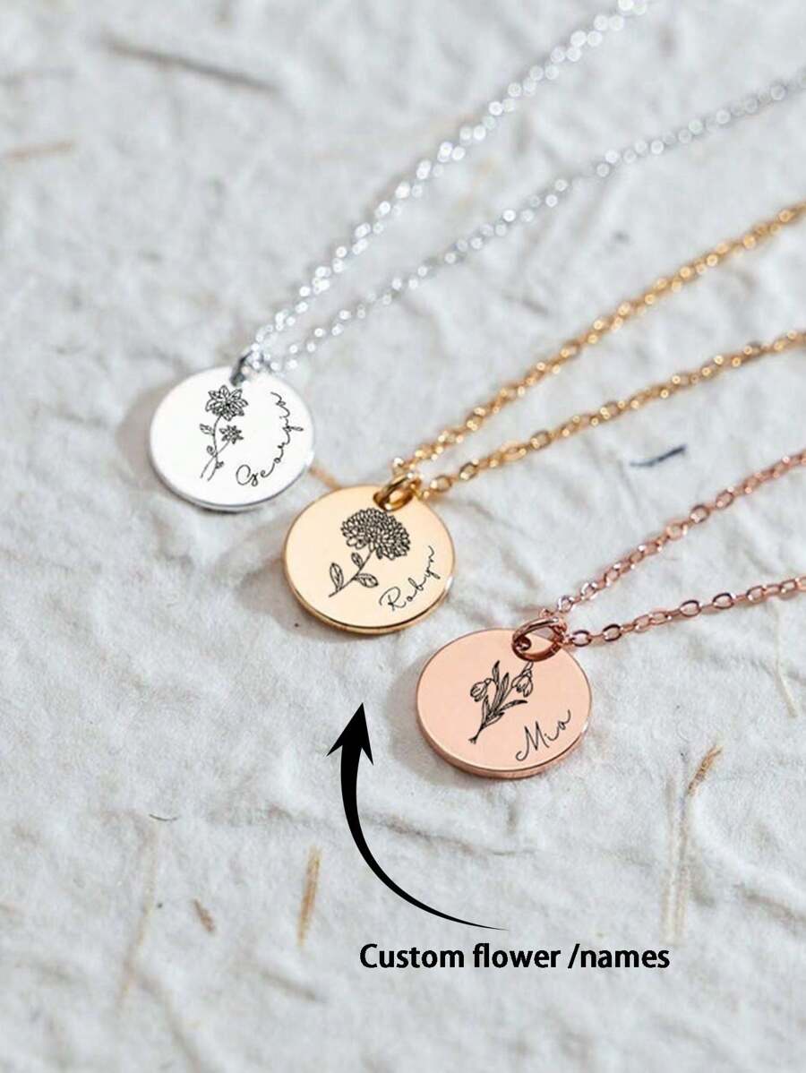 定制诞生花项链，刻有名字的项链，不锈钢圆形吊坠精致花卉项链，手工珠宝，个性化礼品，圣诞礼品感恩节礼品情人节礼品生日礼物 - 銀色 - 查看 1