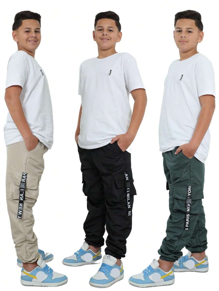 KIT 3 Jogger Pants For Kids, Boys, Youth, Boys, Cargo Pants, 4 Colors, 4 Pockets, Autumn, Winter, Black, Military Green, Red, Christmas, Beige - 彩色 - 查看 1