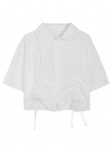 女式纯色翻领短袖宽松抽绳单排扣休闲衬衫，春夏