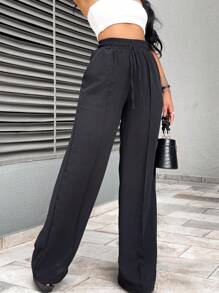 Calça Feminina Pantalona Com Bolso Cintura Alta Elástico na Cintura
