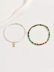 2 件个性化彩色串珠皇冠字母手链套装 26 个字母吊坠双层手链青少年生日礼物 - 彩色 - 查看 3