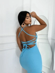 ELEGANT SENSUAL RIBBED MIDI DRESS WITH BRAIDED BACK WITH SLIT - Màu xanh lam - Xem 2