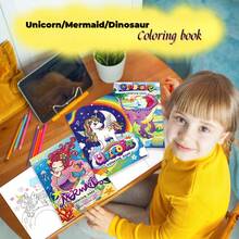 1 本卡通涂鸦着色书（每本 60 页）、独角兽/美人鱼/恐龙主题趣味动物绘画书、色彩认知学龄前绘画书、DIY 着色书套装、适合作为儿童和家庭的节日/生日礼物、创意绘画小礼物 - 彩色 - 查看 4