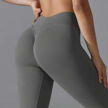 2024 Sexy V Back Scrunch Butt Leggings For Women Ruched Butt Lifting Workout Leggings Booty Gym Yoga Pants - Grey - View 3