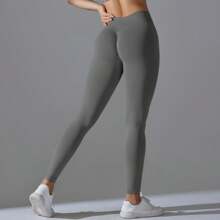 2024 Sexy V Back Scrunch Butt Leggings For Women Ruched Butt Lifting Workout Leggings Booty Gym Yoga Pants - Grey - View 5
