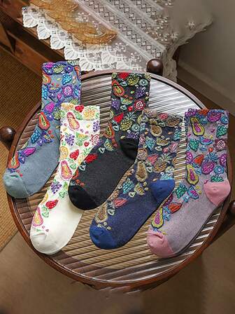 5 双水果蔬菜图案可爱休闲涤纶女士卡通小腿袜，适合秋冬季