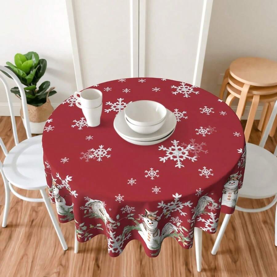 1 件节日圣诞桌布，雪花印花红色圆形桌布，雪人和房子图案桌布，圣诞礼物，家居装饰，圣诞装饰品 - 彩色 - 查看 1