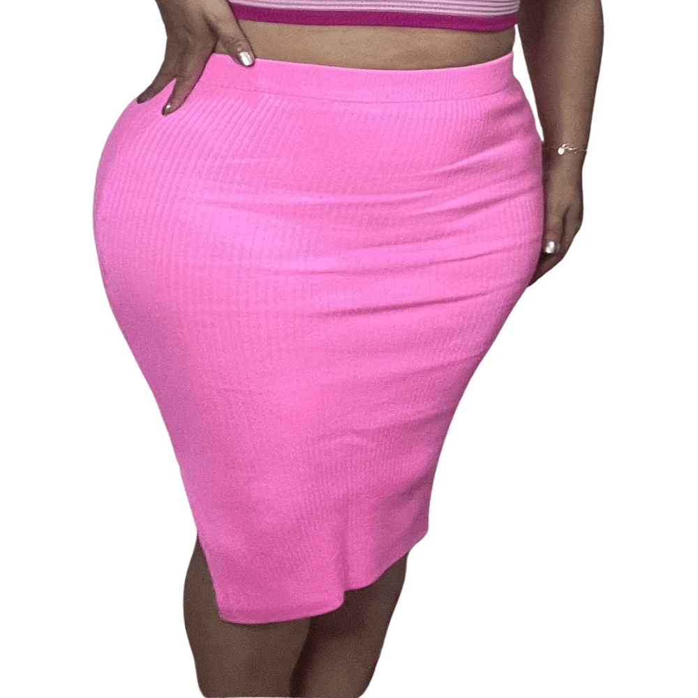 Midi Skirt With Stripes Or Plain With Slit In Knitwear/ Women's Fashion All Seasons/ Triset Skirt/ Summer - Hồng - Xem 1