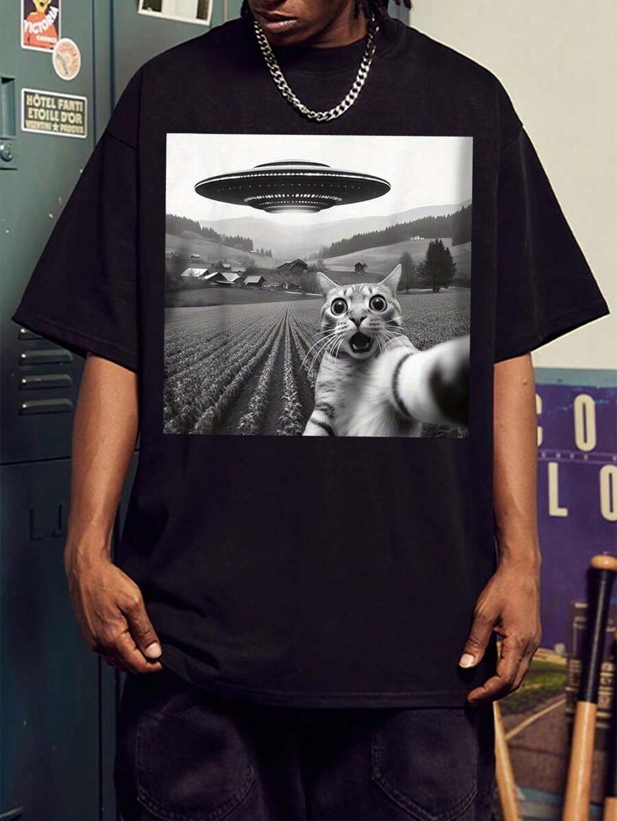 Men's Casual Short Sleeve OVERSIZED T-Shirt With FLYING SAUCER CAT Print - màu đen - Xem 1