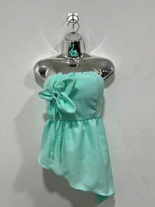 Blouse Style Crop Top With Asymmetrical Flower Detail - Teal Blue - View 1