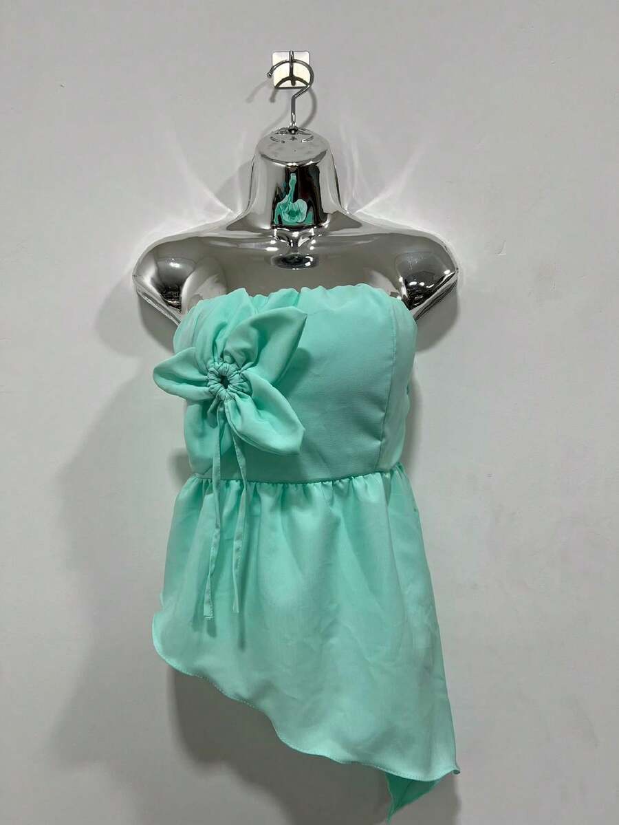 Blouse Style Crop Top With Asymmetrical Flower Detail - Teal Blue - View 1