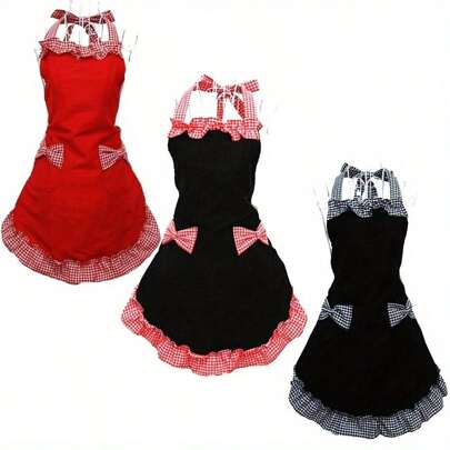 1 件可调节、复古可爱女士厨房围裙、蝴蝶结口袋女仆制服围裙、荷叶边下摆清洁烹饪围裙