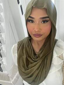 1pc Soft Solid Color Headscarf, Jersey Hijab, Turban Wrap - Army Green - View 2