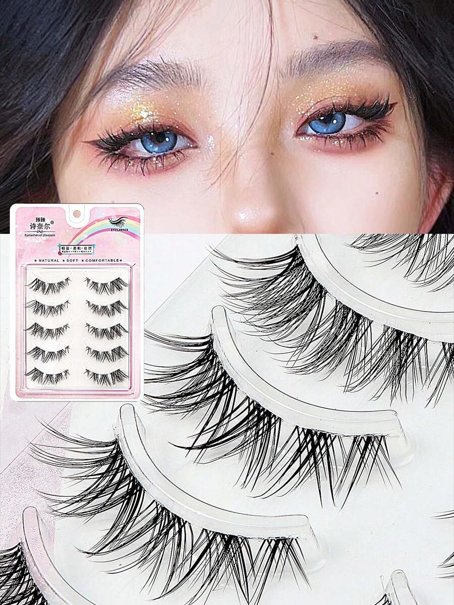 5對人造貂毛捲曲假睫毛,貓眼條狀仙女風格擴張自然細膩假睫毛,適用於日常派對、cosplay化妝和聖誕禮物 - 眼尾拉長款 - 查看 1