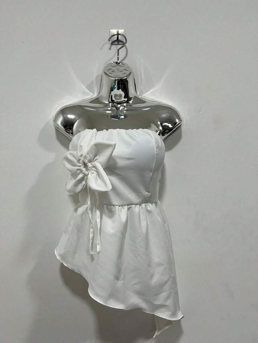 Blouse Style Crop Top With Asymmetrical Flower Detail - White - View 1