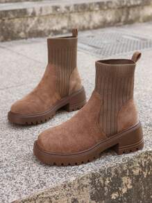 女士棕色加厚绒面革拼接切尔西靴，舒适弹力踝靴 - 棕色 - 查看 5