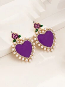 1 paire Boucles d'oreilles vintage romantiques avec perle en forme de rose et de cœur, clous d'oreilles de style français élégant haut de gamme