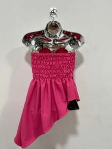 Blouse Style Crop Top With Asymmetrical Flower Detail - Hot Pink - View 2