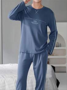 2 件男士舒适睡衣套装 - 时尚印花长袖圆领上衣和宽松裤子 - 适合春季、秋季和冬季户外休闲穿着 - 深灰色 - 查看 5