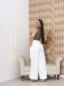 Calça  Feminina Alfaiataria LinhaPremium Pantalona Flare Bolso - Branco - Visão 3