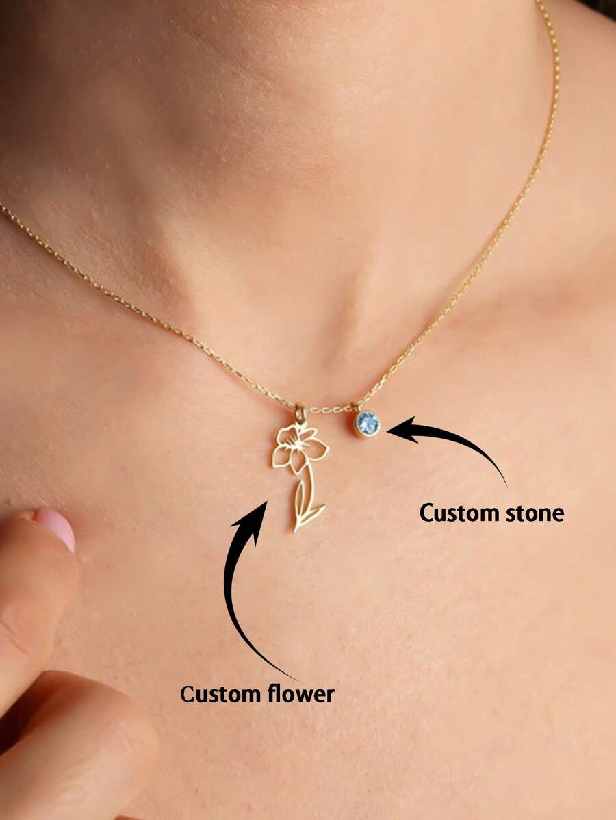 带有诞生石的个性化花朵项链，银色空心不锈钢花朵吊坠项链，定制珠宝，生日礼物，送给她的个性化礼物，圣诞礼物个性化礼物 - 銀色 - 查看 1