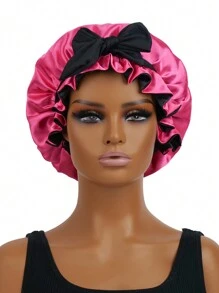 1 pieza Gorro reversible de satén forrado para mujer, gorro para dormir de unicolor suave y transpirable con estampado de leopardo de doble capa, para el cuidado del cabello, uso cómodo para todos los días