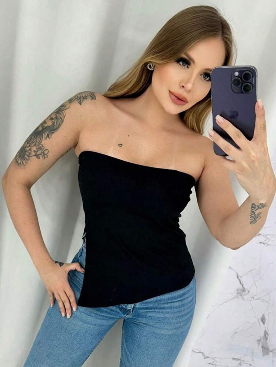 Asymmetric Strapless Dress With Padding, Women's Trend, Elegant Casual Fashion - 黑色 - 查看 1