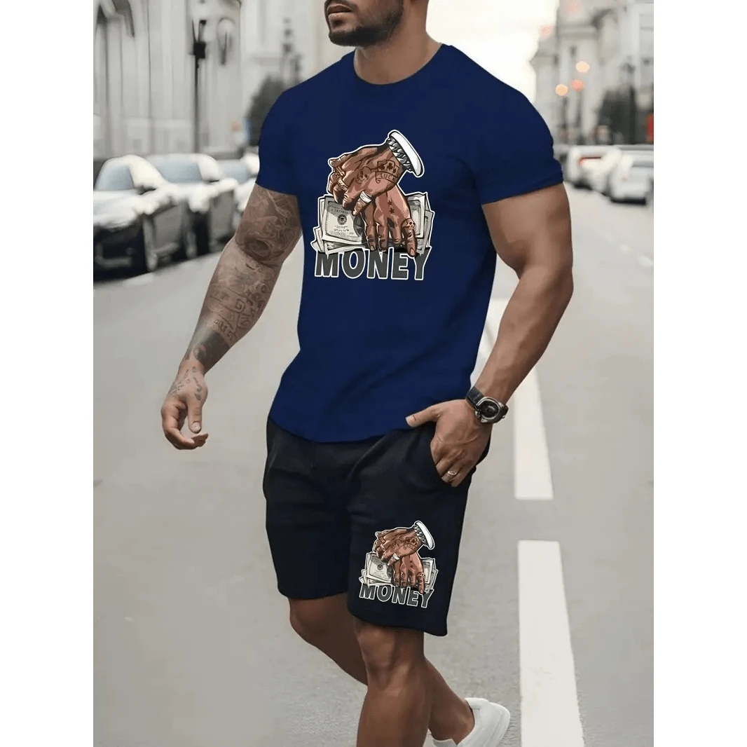 Basic T-Shirt Set Hands With Money (FRONT) Men's Women's Cotton Shirt Reinforced Stitching Unisex StreetWear + Bermuda Sweatshirt Hands With Money (BAR) Men's Shorts Workout Gym Sport Fitness Casual With Pocket - 藏蓝色 - 查看 1