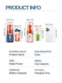 RAF 400ml Portable Rechargeable Juicer Blender High Capacity Battery Six Blade For Smoothies Veggie And Fruit Juices Perfect For Kitchen And Travel